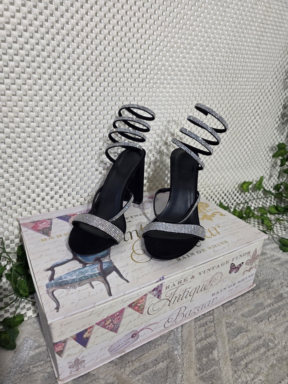 Black Spiral Rhinestone Strap High Heel Sandals